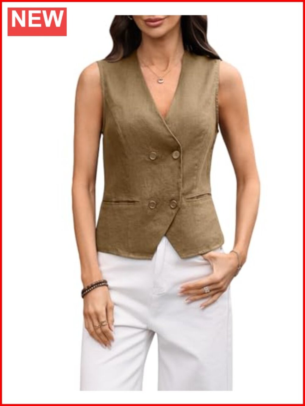 Women's 100% Linen Vest V Neck Double Breasted Back Tie Sleeveless Waistcoat